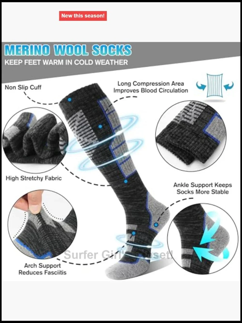 Merino Wool Knee High Ski Socks 3-Pack Thermal Warm Athletic